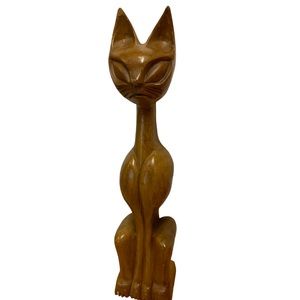 Vintage Mid Century Teak  Wooden Cat Figure Carving Rare Retro Collectors